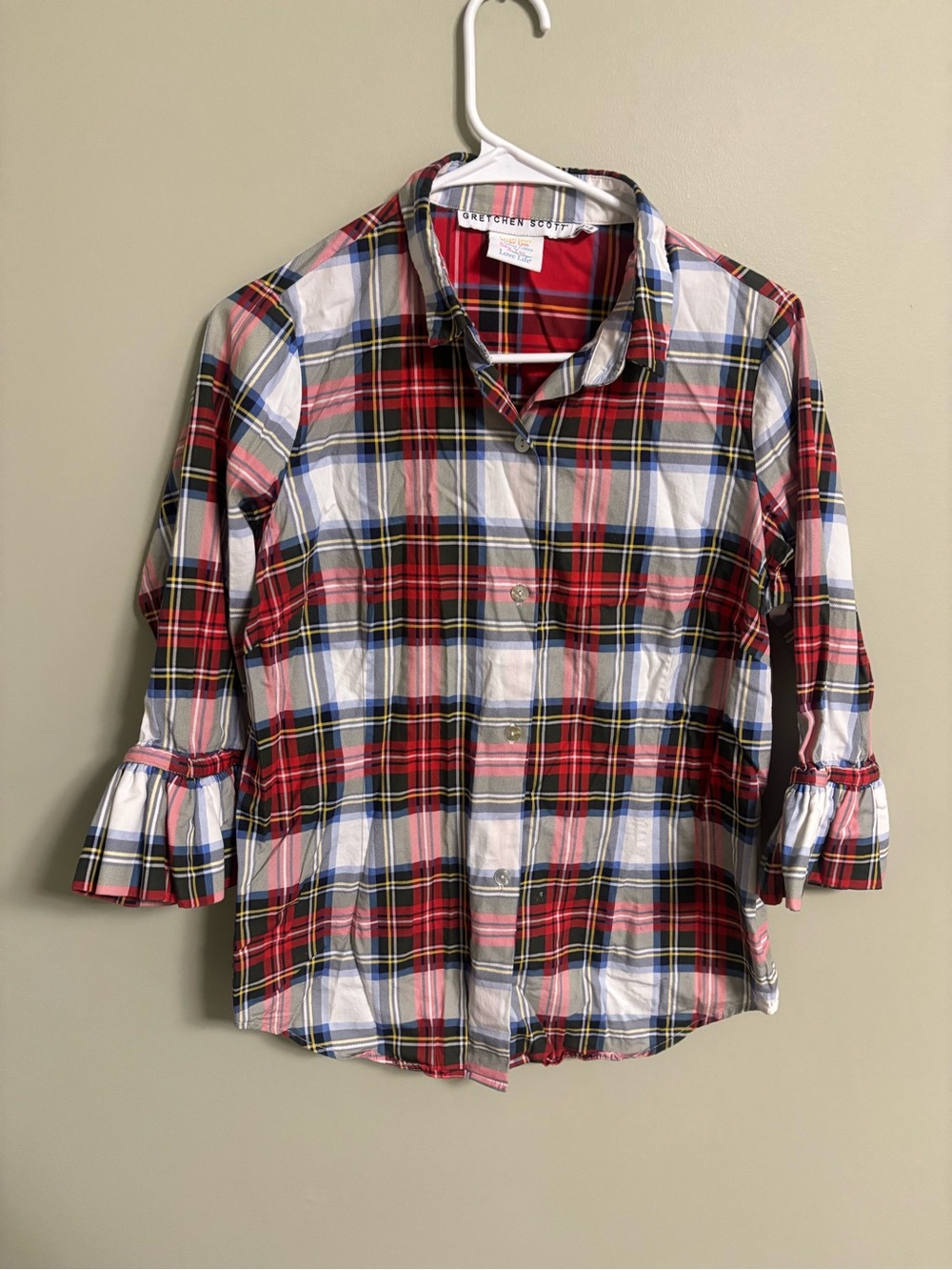 Gretchen Scott Red Plaid Ruffle-Sleeve Blouse Button Front Shirt Size Medium